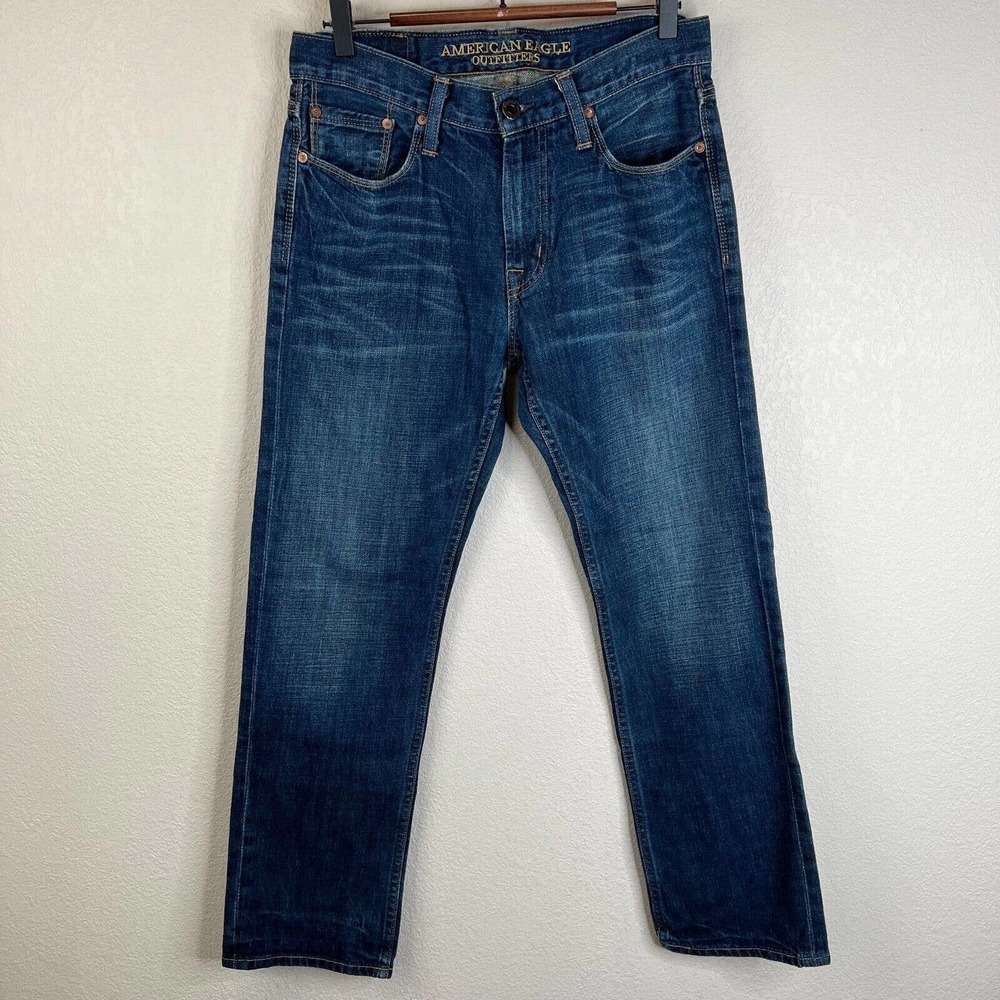 American Eagle Outfitters Mens Straight Jeans Sz 30 Mid-Rise Slim Fit Blue Denim